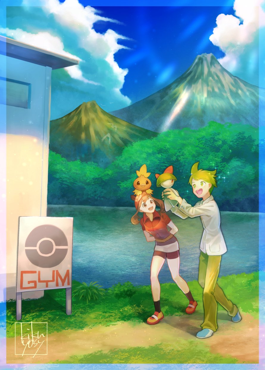 1boy 1girl :d bandana bangs bike_shorts black_legwear blue_footwear border brown_hair clouds collared_shirt commentary_request day gen_3_pokemon grass green_hair green_pants highres holding holding_pokemon kikuyoshi_(tracco) long_sleeves may_(pokemon) mountain on_head open_mouth outdoors pants pokemon pokemon_(creature) pokemon_(game) pokemon_gym pokemon_on_head pokemon_rse ralts red_shirt shirt shoes short_hair short_sleeves signature skirt sky smile socks sparkle standing torchic wally_(pokemon) water white_skirt
