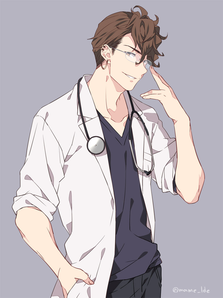 1boy black_pants brown_eyes brown_hair doctor earrings glasses granblue_fantasy grey_background grin jewelry labcoat lobelia_(granblue_fantasy) looking_at_viewer male_focus mame_lde open_clothes pants shirt short_hair simple_background single_earring smile solo stethoscope teeth