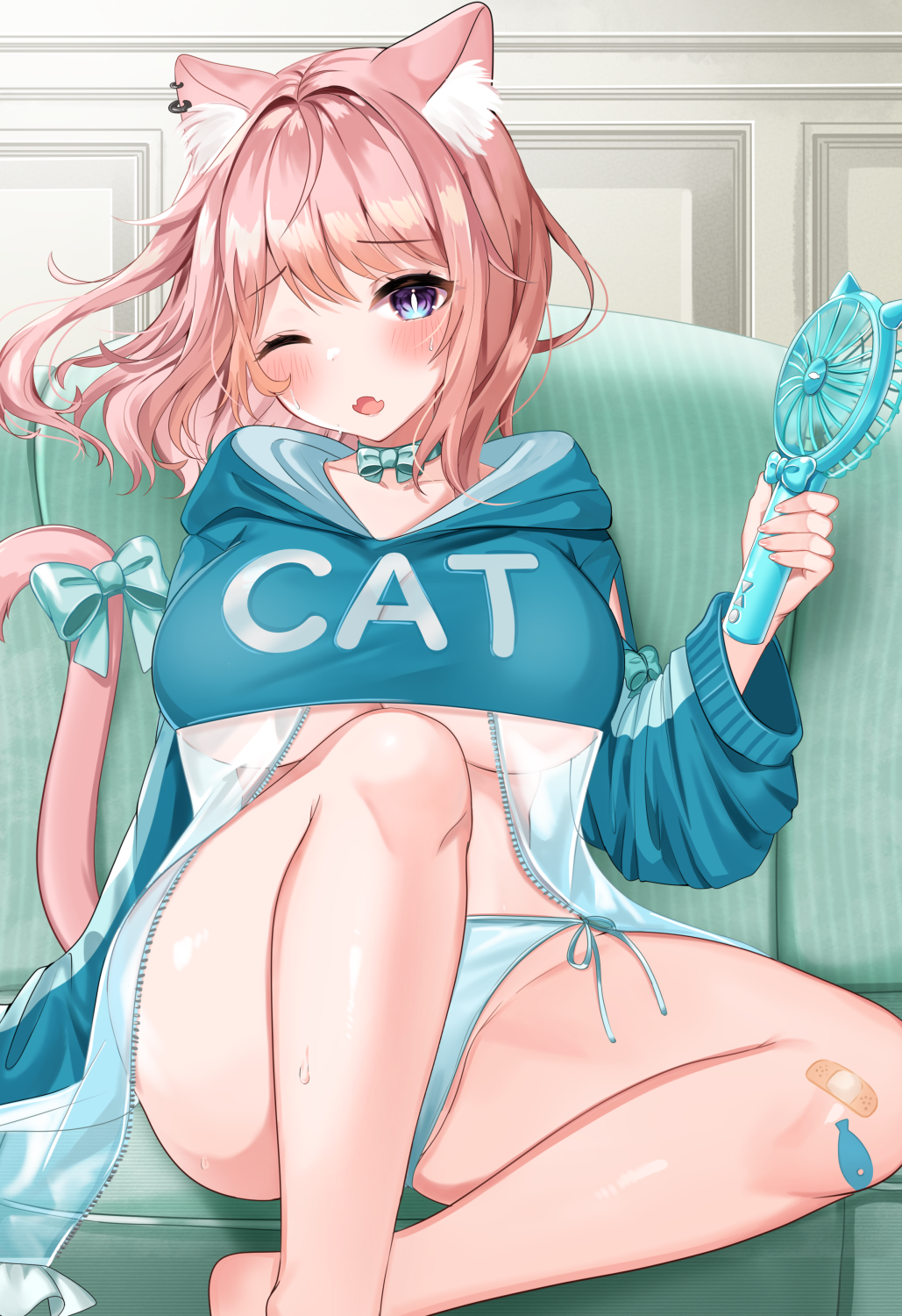 1girl animal_ear_fluff animal_ears aqua_choker bandaid bandaid_on_knee blue_eyes blue_jacket blue_panties breasts cat_ears cat_girl cat_tail clothes_writing commentary_request fang hand_fan highres holding holding_fan jacket katsushika_pachi large_breasts legs long_hair long_sleeves looking_at_viewer one_eye_closed open_mouth original panties pink_hair side-tie_panties sitting tail under_boob underwear