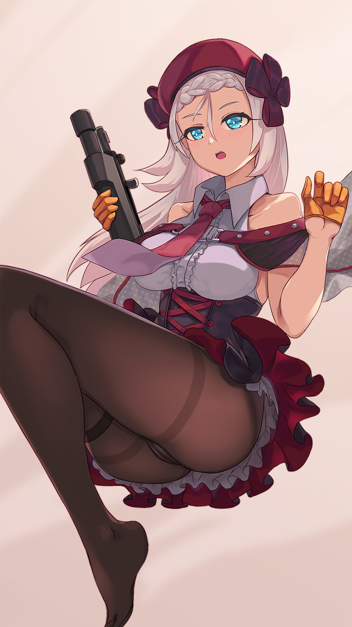 1girl bangs bare_shoulders beret black_legwear blue_eyes blush braid breasts clothes_lift corset crossed_bangs eyebrows_visible_through_hair french_braid girls_frontline gloves gun h&amp;k_mp5 hat highres holding holding_weapon jamgom long_hair looking_away medium_breasts mp5_(girls_frontline) necktie no_shoes older open_mouth orange_gloves pantyhose red_neckwear red_skirt shirt silver_hair simple_background skirt skirt_lift solo submachine_gun weapon white_shirt