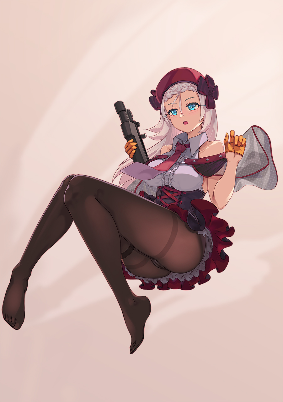 1girl bangs bare_shoulders beret black_legwear blue_eyes blush braid breasts clothes_lift corset crossed_bangs eyebrows_visible_through_hair french_braid girls_frontline gloves gun h&amp;k_mp5 hat highres holding holding_weapon jamgom long_hair looking_away medium_breasts mp5_(girls_frontline) necktie no_shoes older open_mouth orange_gloves pantyhose red_neckwear red_skirt shirt silver_hair simple_background skirt skirt_lift solo submachine_gun weapon white_shirt