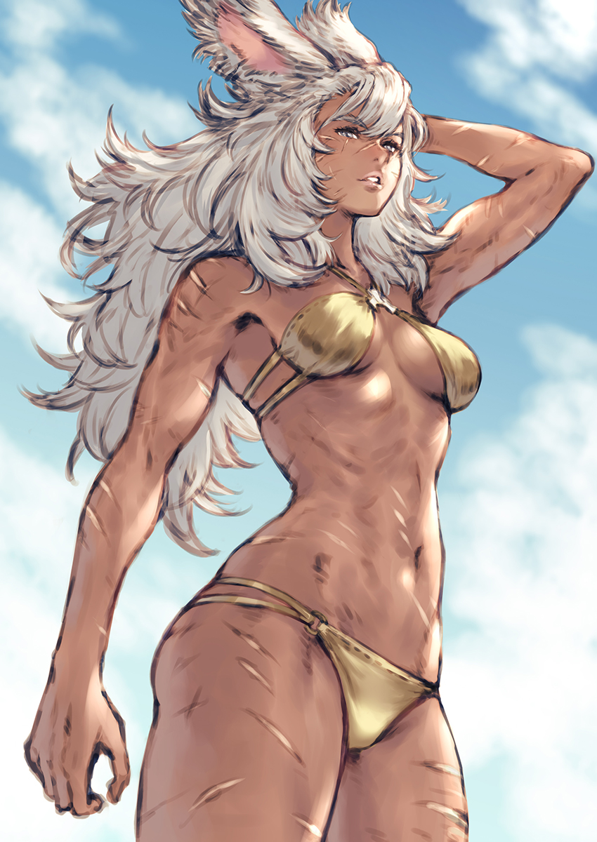 1girl animal_ears arm_up bare_shoulders blue_sky breasts clouds cloudy_sky dark_skin day final_fantasy final_fantasy_xiv grey_eyes halterneck highres lips long_hair looking_at_viewer makimura_shunsuke medium_breasts navel o-ring o-ring_bikini outdoors parted_lips rabbit_ears scar scar_on_arm scar_on_face scar_on_leg scar_on_stomach simple_background sky solo stomach thighs viera white_hair