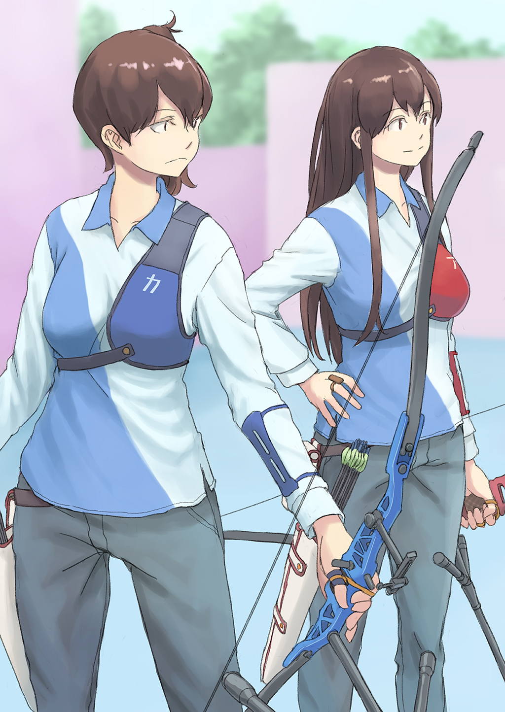 2020_summer_olympics 2girls aiming akagi_(kancolle) alternate_costume archery bow_(weapon) brown_eyes brown_hair chest_protector commentary_request compound_bow cowboy_shot grey_pants highres holding holding_bow_(weapon) holding_weapon kaga_(kancolle) kantai_collection long_hair multicolored_shirt multiple_girls olympics pants side_ponytail sportswear standing straight_hair taruya weapon