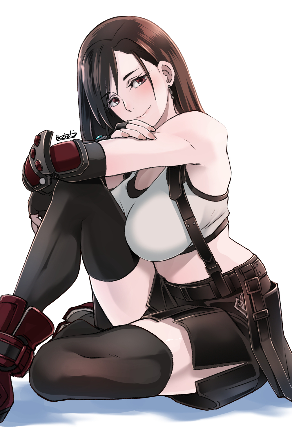 1girl black_gloves black_hair black_legwear black_skirt blush butcha-u earrings elbow_pads final_fantasy final_fantasy_vii final_fantasy_vii_remake fingerless_gloves gloves highres jewelry long_hair looking_at_viewer pencil_skirt red_eyes shirt simple_background skirt smile solo suspender_skirt suspenders tank_top taut_clothes taut_shirt thigh-highs tifa_lockhart white_background white_tank_top