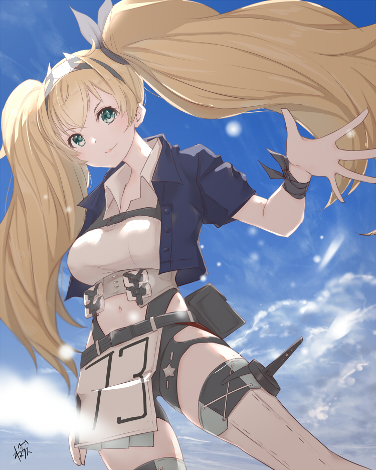 1girl artist_name bangs blonde_hair blue_eyes blue_sky breasts closed_mouth collared_shirt cowboy_shot gambier_bay_(kancolle) kantai_collection large_breasts long_hair looking_at_viewer navel neve remodel_(kantai_collection) shirt signature sky smile solo twintails white_shirt