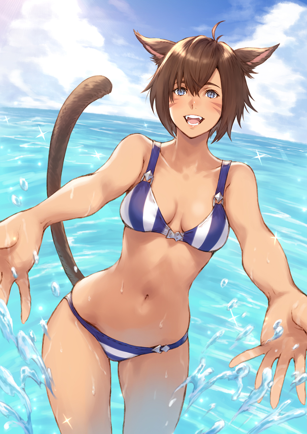 1girl ahoge animal_ears bangs bare_arms bare_legs bare_shoulders bikini blue_eyes blue_sky breasts brown_hair cat_ears cat_tail clouds cloudy_sky collarbone commentary dark_skin day facial_mark fangs final_fantasy final_fantasy_xiv highres lips looking_at_viewer makimura_shunsuke medium_breasts miqo'te navel ocean open_mouth outdoors partially_submerged shiny shiny_hair short_hair sky smile solo sparkle splashing stomach string_bikini striped swimsuit tail teeth thighs vertical_stripes wading water water_drop