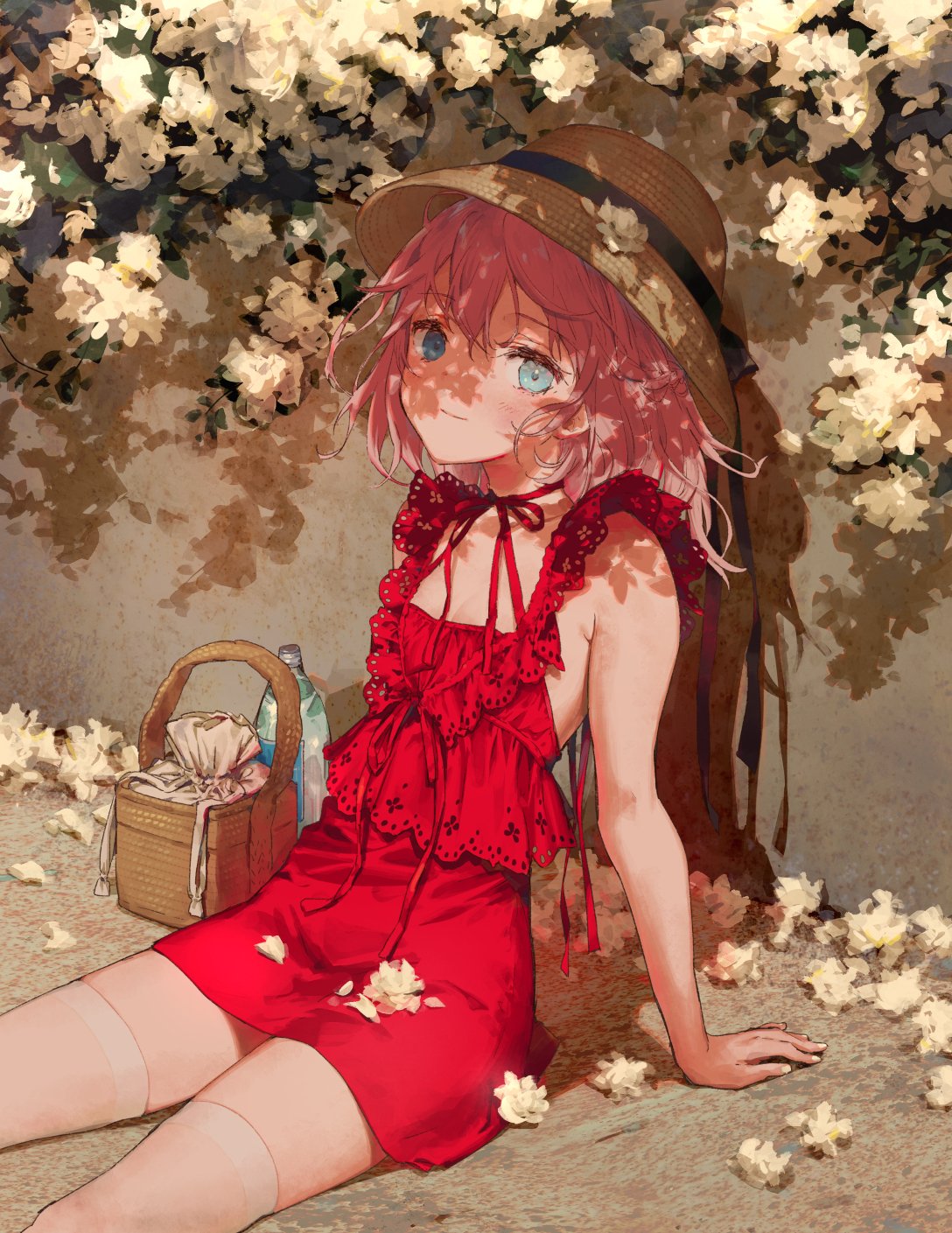 1girl arm_support basket black_ribbon blue_eyes blush bottle breasts choker dress flower frilled_dress frills hat hat_ribbon highres looking_at_viewer medium_hair original petals pink_hair red_dress red_ribbon ribbon ribbon_choker sheer_legwear sitting small_breasts smile solo straw_hat symbol-only_commentary thigh-highs yutsumoe