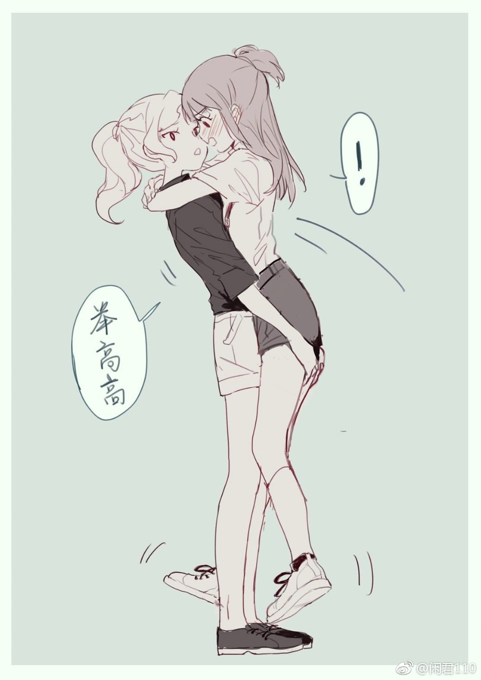 ! 2girls artist_request blush chinese_commentary chinese_text commentary_request diana_cavendish highres kagari_atsuko little_witch_academia medium_hair multiple_girls parted_lips shoes spoken_exclamation_mark standing standing_on_one_leg translation_request weibo_logo weibo_username yuri