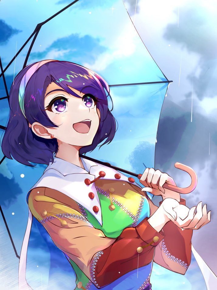 13-gou 1girl bangs blue_dress blue_hairband breasts buttons cloak cloud_print clouds cloudy_sky collar dress eyebrows_visible_through_hair green_dress green_hairband hair_between_eyes hairband hands_up holding holding_umbrella light long_sleeves looking_up medium_breasts multicolored multicolored_clothes multicolored_dress multicolored_hairband open_mouth orange_dress pink_hairband purple_dress purple_hair purple_hairband rain rainbow_gradient red_dress short_hair sky sky_print smile solo sunlight tenkyuu_chimata touhou umbrella violet_eyes white_cloak yellow_dress