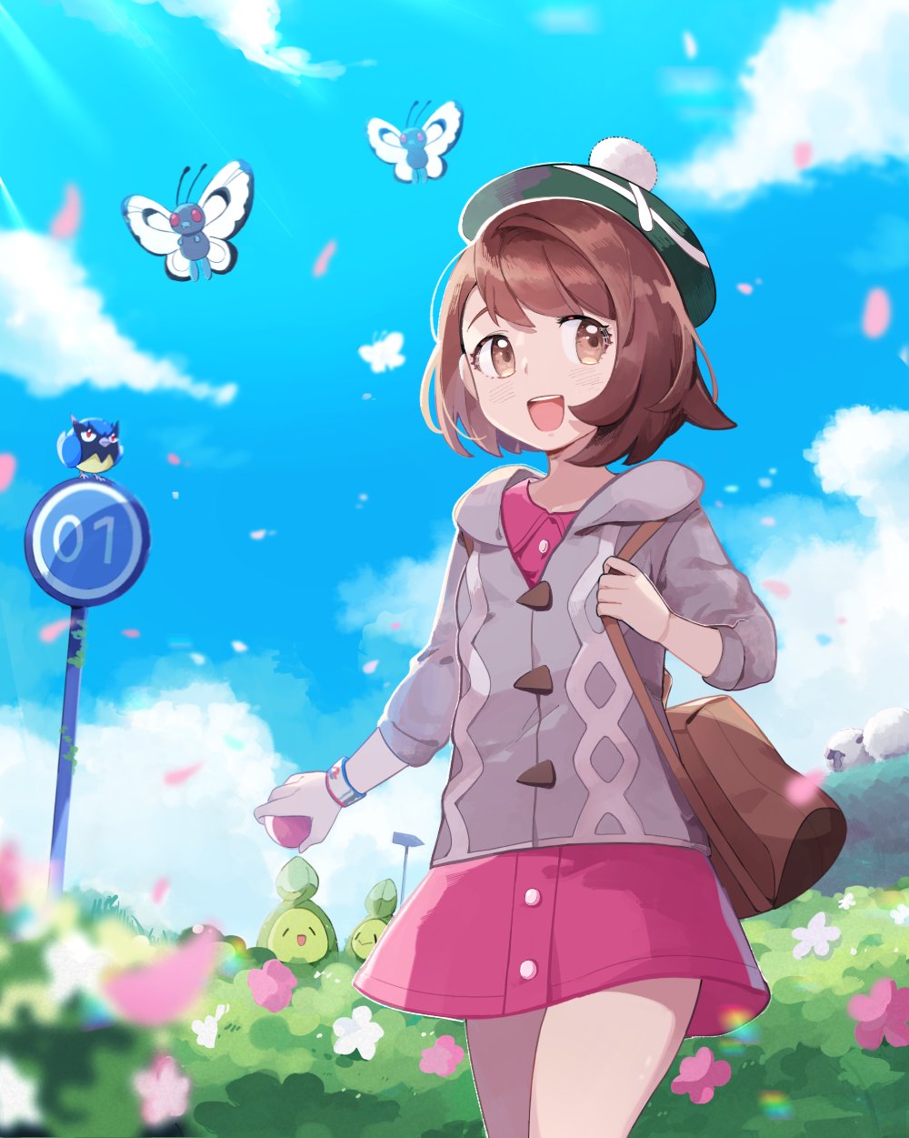 1girl :d backpack bag bangs blurry blush bob_cut brown_bag brown_eyes brown_hair budew bush butterfree buttons cable_knit cardigan clouds collared_dress commentary_request day dress gen_1_pokemon gen_4_pokemon gen_8_pokemon gloria_(pokemon) green_headwear grey_cardigan hat highres holding holding_poke_ball holding_strap hooded_cardigan nikki_(ninciav) open_mouth outdoors petals pink_dress poke_ball poke_ball_(basic) pokemon pokemon_(creature) pokemon_(game) pokemon_swsh rookidee short_hair sky smile tam_o'_shanter tongue upper_teeth wooloo