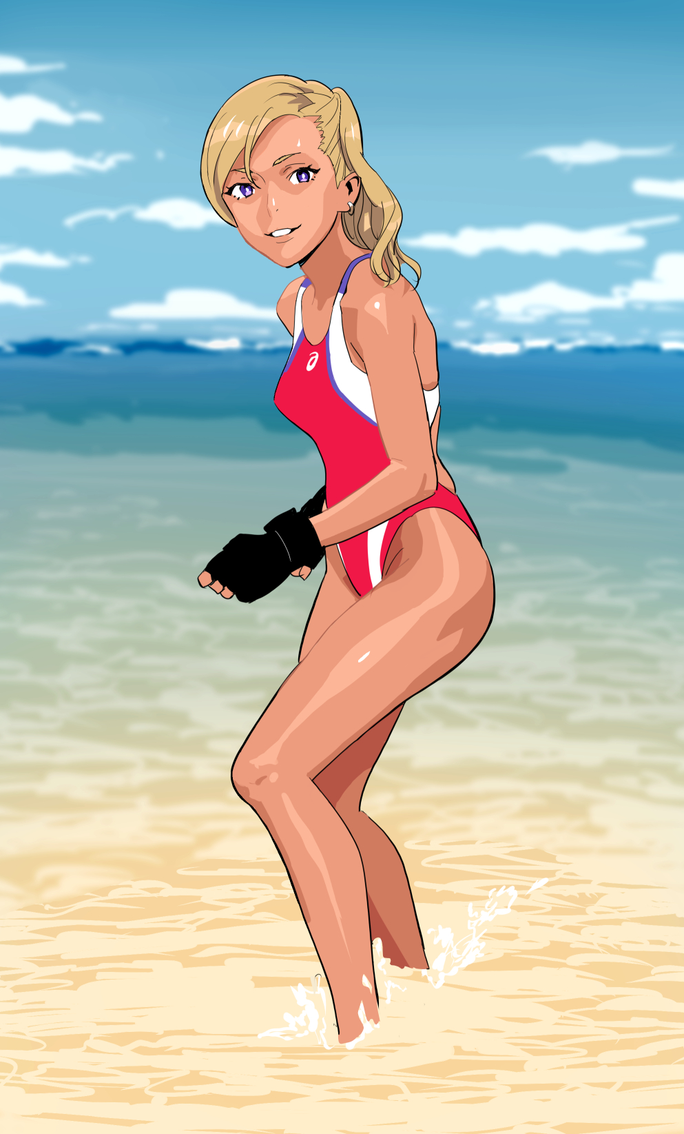 1girl beach black_gloves blonde_hair blurry blurry_background bright_pupils competition_swimsuit copyright_request dark-skinned_female dark_skin depth_of_field earrings feet_out_of_frame fingerless_gloves gloves highres jewelry looking_at_viewer ocean one-piece_swimsuit one_side_up outdoors parted_lips red_swimsuit smile solo standing swimsuit violet_eyes wading white_pupils yukiyoshi_mamizu
