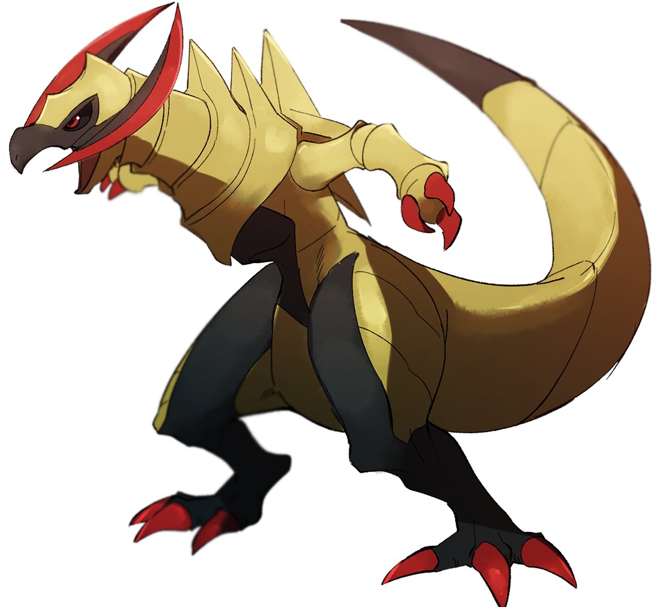 black_sclera blurry claws colored_sclera commentary_request from_side full_body haxorus morio_(poke_orio) no_humans pokemon pokemon_(creature) red_eyes simple_background solo standing white_background