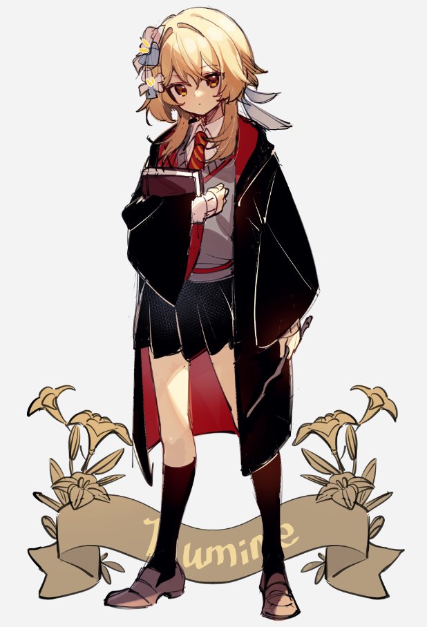 1girl black_coat black_legwear blonde_hair brown_footwear character_name coat crossover diagonal-striped_neckwear diagonal_stripes feather_hair_ornament feathers flower full_body genshin_impact grey_background grey_sweater gryffindor hair_flower hair_ornament harry_potter hogwarts_school_uniform holding holding_notebook lily_(flower) loafers long_sleeves lumine_(genshin_impact) necktie notebook red_neckwear school_uniform shoes socks solo ssm_(ssm82048039) striped striped_neckwear sweater white_flower yellow_eyes