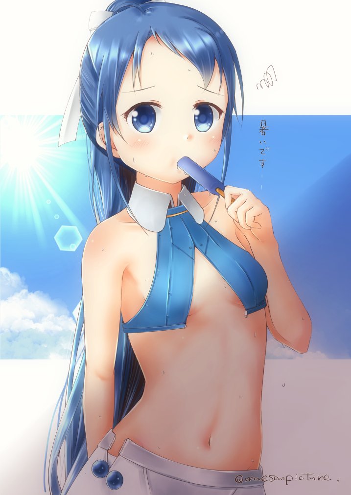 1girl adapted_costume arm_behind_back artist_name bangs bare_arms bare_shoulders bikini bikini_top blue_eyes blue_hair blue_sky blush breasts clouds collar collarbone commentary_request eating food holding holding_food kantai_collection light_rays long_hair looking_at_viewer mae_(maesanpicture) navel outdoors panties popsicle revision samidare_(kancolle) shade skirt sky small_breasts solo squiggle sun sweat swept_bangs swimsuit translated underwear unfastened very_long_hair white_panties white_skirt