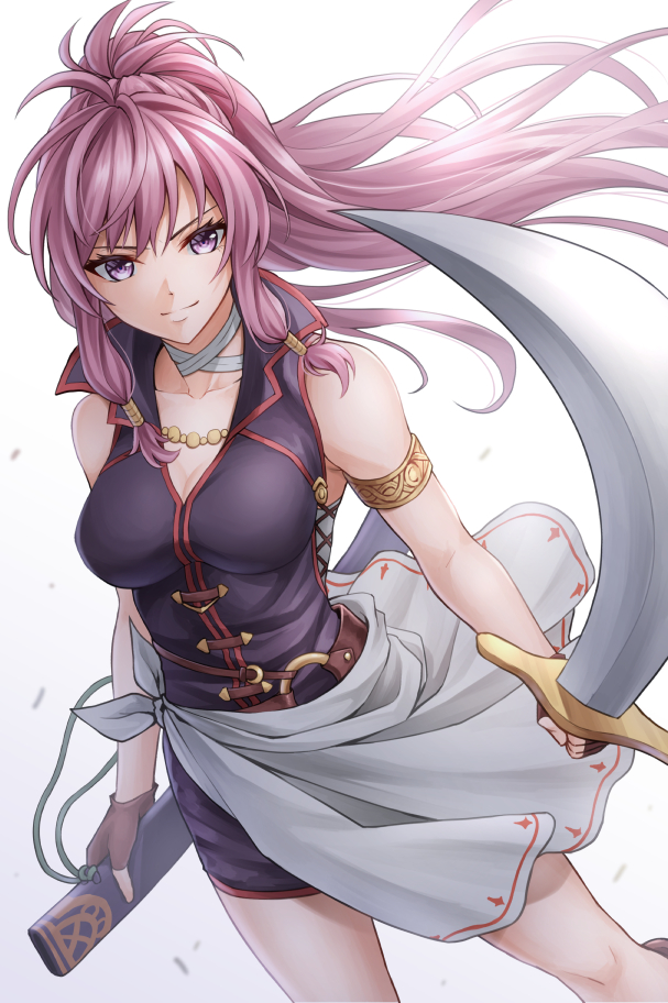 1girl armlet bangs breasts collarbone fingerless_gloves fire_emblem fire_emblem:_the_sacred_stones gloves holding holding_sheath holding_sword holding_weapon long_hair looking_at_viewer marisa_(fire_emblem) pink_eyes pink_hair ponytail sheath sleeveless solo sword ten_(tenchan_man) weapon white_background