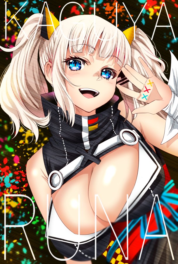1girl :d arm_scarf blue_eyes breasts character_name eyebrows_visible_through_hair hand_up hoshi_san_3 kaguya_luna large_breasts looking_at_viewer open_mouth smile solo the_moon_studio twintails upper_body waving white_hair
