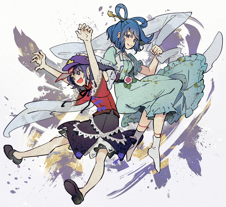 2girls :d aqua_dress arms_up bangs belt black_skirt blue_eyes blue_hair breasts closed_mouth commentary_request dress eyebrows_visible_through_hair flat_chest flower full_body hagoromo hair_ornament hair_rings hair_stick hand_on_another's_head hat_ornament holding_shawl jiangshi kaku_seiga looking_at_another medium_breasts miyako_yoshika multiple_girls ofuda open_clothes open_mouth open_vest outstretched_arms pink_flower pointy_ears puffy_short_sleeves puffy_sleeves purple_hair red_shirt shawl shirt short_hair short_sleeves simple_background skirt smile star_(symbol) star_hat_ornament syuri22 touhou vest violet_eyes white_background white_vest zombie_pose