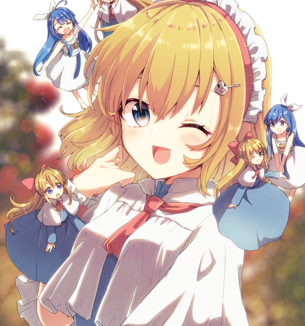 1girl alice_margatroid aoi_(annbi) arms_up bangs bare_shoulders blonde_hair blue_dress blue_eyes blue_hair bow breasts bush cape closed_eyes collar doll dress eyebrows_visible_through_hair flower flying hair_between_eyes hair_ornament hairband hairpin hand_up hands_up holding leaf light long_hair long_sleeves looking_at_another looking_at_viewer medium_breasts one_eye_closed open_mouth red_bow red_flower red_hairband red_neckwear shadow shanghai_doll short_hair short_sleeves sleeveless smile solo star_(symbol) touhou upper_body white_background white_cape white_dress white_hairband