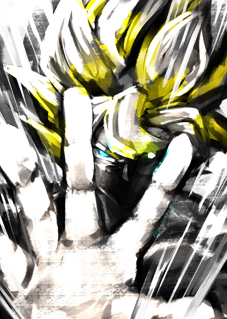 1boy aqua_eyes attack blonde_hair dragon_ball dragon_ball_z glowing glowing_eye hands limited_palette male_focus mattari_illust open_hand solo son_goku super_saiyan super_saiyan_1