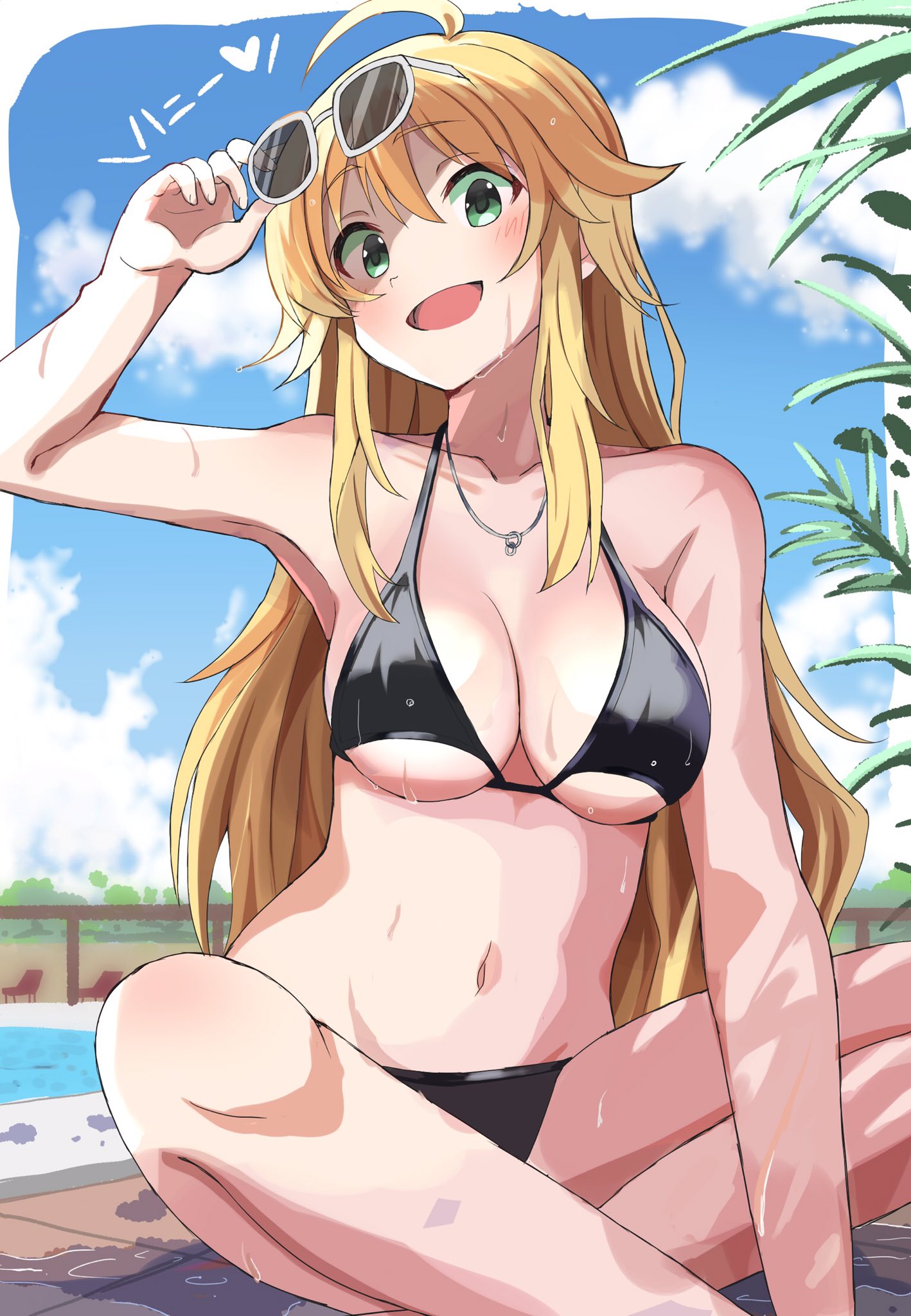 1girl ahoge bare_shoulders bikini black_bikini blonde_hair blue_sky breasts commentary_request day eyewear_removed green_eyes haruki_(haruki678) highres hoshii_miki idolmaster idolmaster_(classic) indian_style jewelry large_breasts long_hair looking_at_viewer navel necklace open_mouth outdoors pool sitting sky solo sunglasses swimsuit translation_request wet