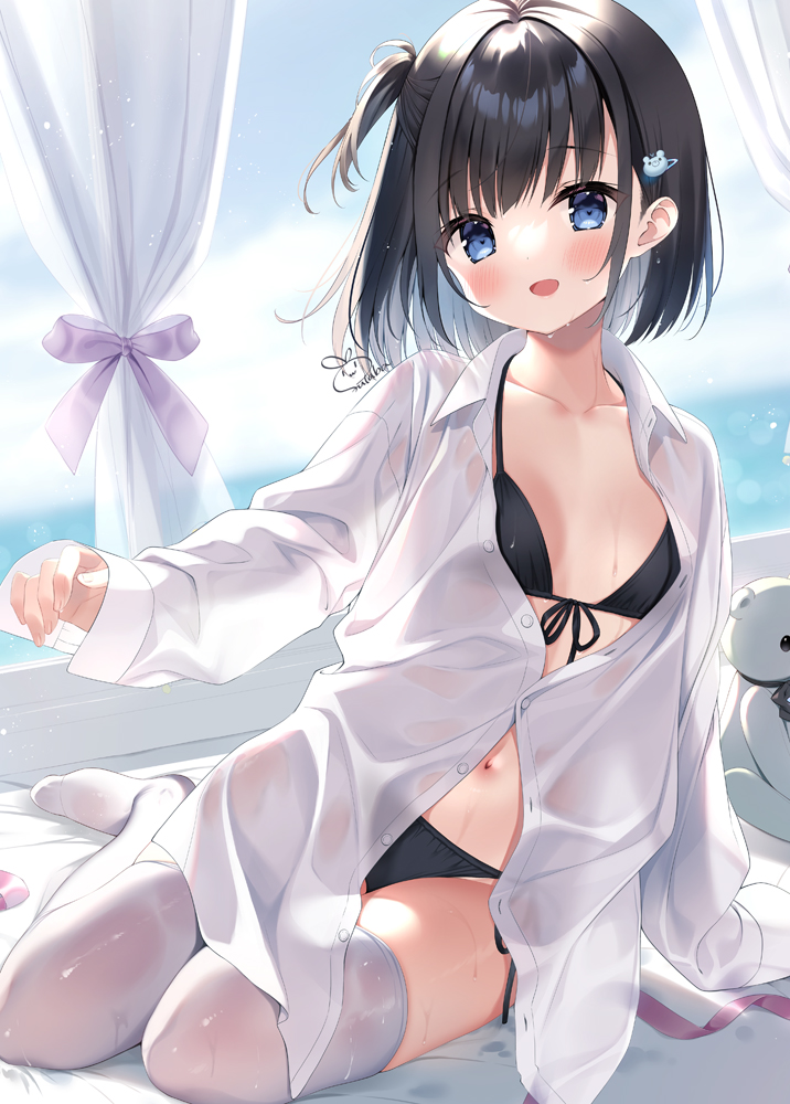 1girl :d bangs bear_hair_ornament bed_sheet bikini bikini_under_clothes black_bikini black_hair black_ribbon blue_eyes blush breasts commentary_request eyebrows_visible_through_hair front-tie_bikini front-tie_top futaba_miwa hair_ornament hairclip indoors long_sleeves looking_at_viewer no_shoes one_side_up open_clothes open_mouth open_shirt original oversized_clothes partially_unbuttoned ribbon shirt short_hair signature sitting sleeves_past_wrists small_breasts smile solo stuffed_animal stuffed_toy swimsuit teddy_bear thigh-highs white_legwear white_shirt window yokozuwari