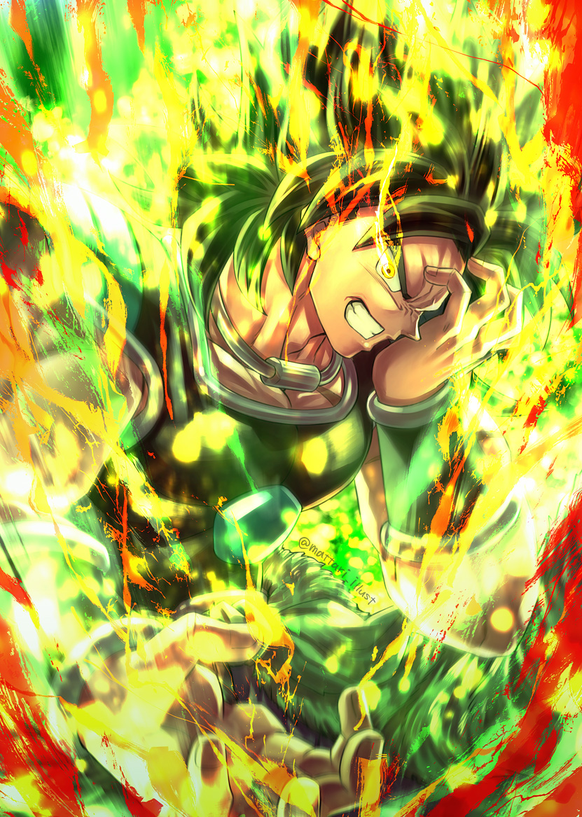 1boy armor aura black_hair bracer broly_(dragon_ball_super) clenched_teeth dragon_ball dragon_ball_super dragon_ball_super_broly looking_at_viewer male_focus mattari_illust saiyan_armor solo teeth yellow_eyes