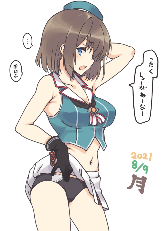 ... 1girl bare_arms bare_shoulders beret black_gloves black_panties blue_eyes blush bow bow_panties breasts brown_hair clothes_lift commentary_request cowboy_shot gloves hair_ornament hairclip hat kantai_collection lifted_by_self maya_(kancolle) medium_breasts midriff mini_hat nakadori_(movgnsk) navel open_mouth panties pleated_skirt remodel_(kantai_collection) school_uniform short_hair skirt skirt_lift sleeveless solo speech_bubble spoken_ellipsis translation_request underwear
