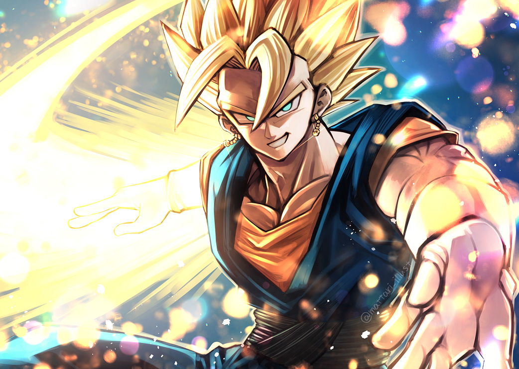 1boy aqua_eyes blonde_hair dougi dragon_ball dragon_ball_z earrings energy_sword gloves grin jewelry looking_at_viewer male_focus mattari_illust potara_earrings sash smile solo spiky_hair super_saiyan super_saiyan_1 sword twitter_username vegetto weapon white_gloves