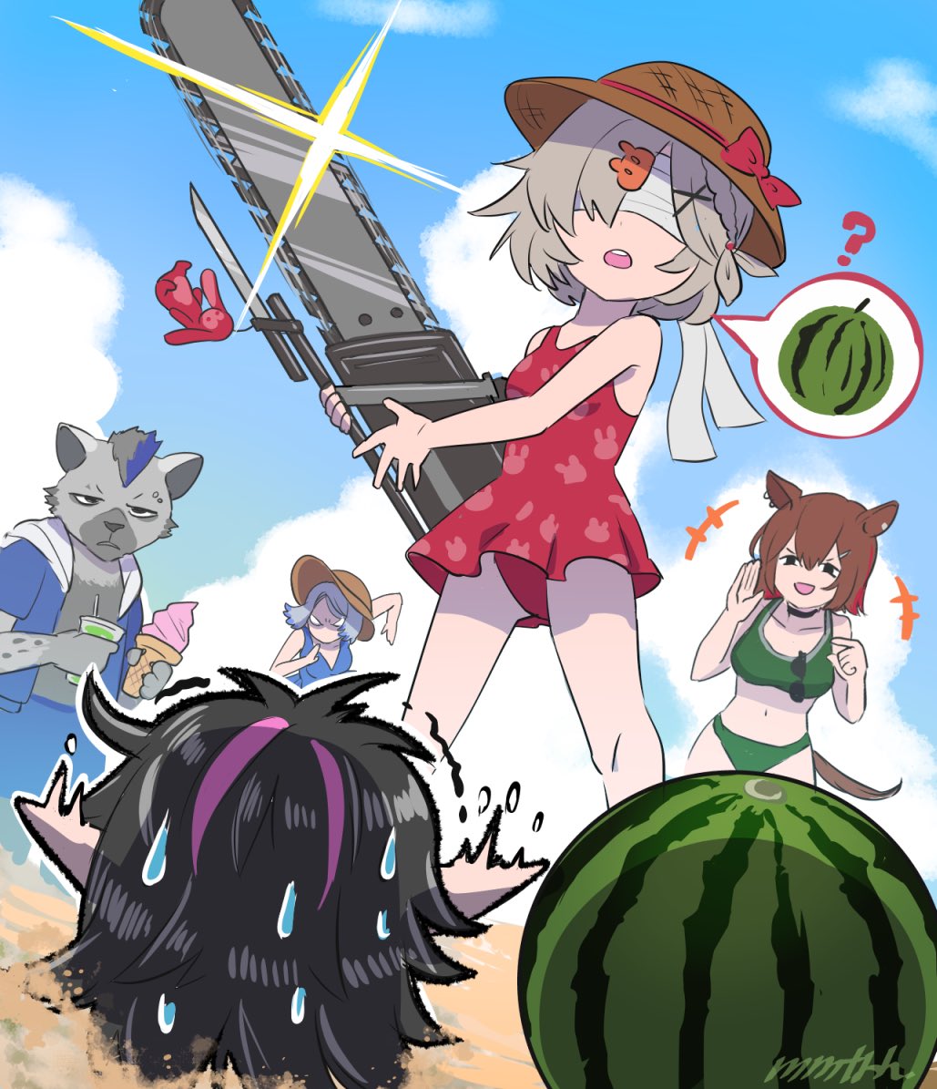 +++ 2boys 3girls ? alternate_costume animal_ears arknights bayonet beach blindfold buried catapult_(arknights) chainsaw clueless cup disposable_cup drink drinking_straw food fruit furry hat holding holding_chainsaw holding_drink holding_food horse_ears horse_girl horse_tail hyena_boy ice_cream memetaroh midnight_(arknights) multiple_boys multiple_girls orchid_(arknights) pointing pointy_ears popukar_(arknights) running scared spot_(arknights) straw_hat suikawari sun_hat sweatdrop swimsuit tail watermelon