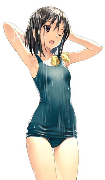 1girl ;d ass_visible_through_thighs bangs bare_arms bare_shoulders black_hair blue_swimsuit brown_eyes commentary_request cowboy_shot eyebrows_visible_through_hair hair_between_eyes koutaro old_school_swimsuit one-piece_swimsuit one_eye_closed open_mouth original school_swimsuit showering simple_background smile solo swim_cap swim_cap_removed swimsuit white_background