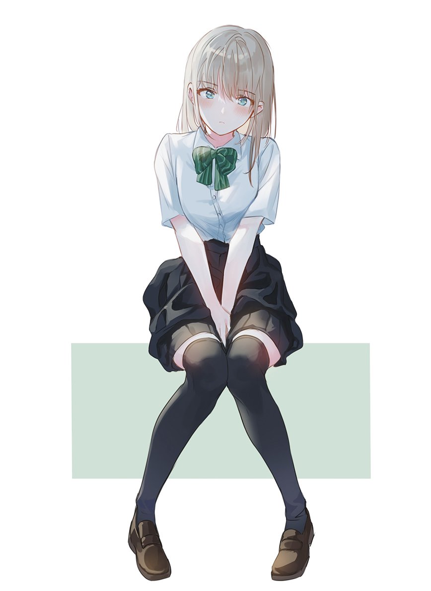 1girl bangs between_legs black_legwear black_skirt blonde_hair blush bow bowtie brown_footwear closed_mouth collared_shirt green_bow green_eyes green_neckwear hand_between_legs hands_together knees_together_feet_apart loafers long_hair original oso_5425 pleated_skirt school_uniform shirt shoes short_sleeves simple_background sitting skirt solo thigh-highs white_background white_shirt zettai_ryouiki
