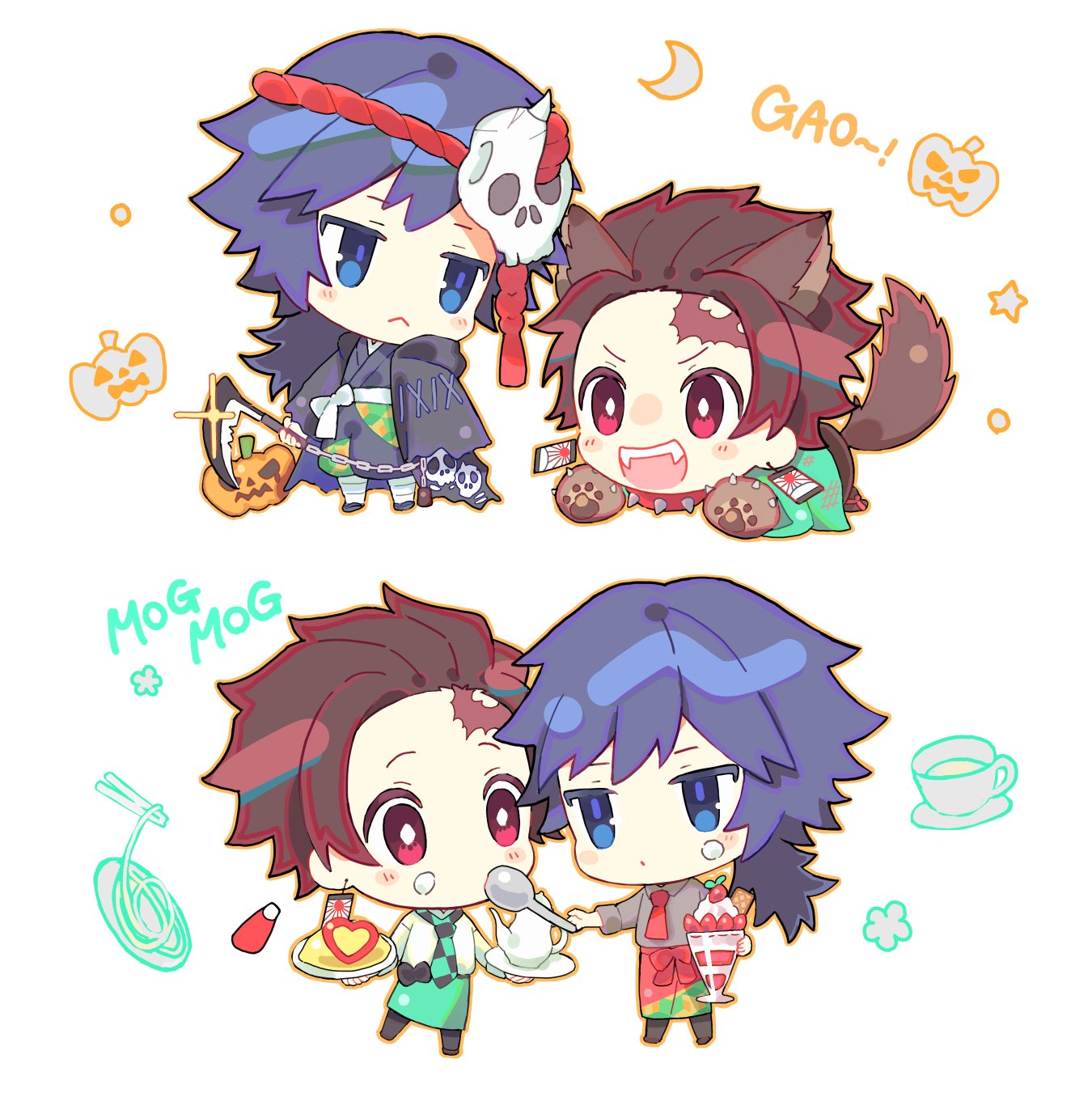 2boys :&lt; alternate_costume animal_ears apron bangs blue_eyes blue_hair blush brown_hair checkered checkered_neckwear chibi closed_mouth collar cup earrings fangs food food_on_face gloves halloween highres holding holding_food holding_weapon jack-o'-lantern japanese_clothes jewelry kamado_tanjirou kimetsu_no_yaiba long_hair male_focus multiple_boys multiple_views omelet open_mouth paw_gloves paws ponytail red_eyes red_neckwear scar scar_on_face scythe shirt simple_background skull sparkle spiked_collar spikes tail tomioka_giyuu usu32 waist_apron weapon white_background