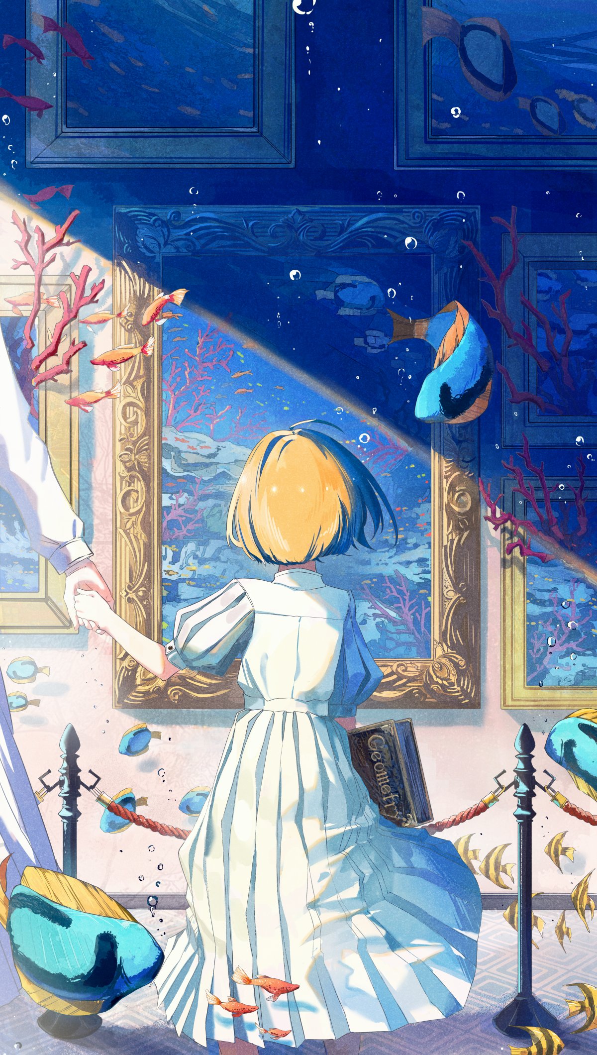 1girl ahoge air_bubble art_gallery blonde_hair blue_dress bob_cut bubble collared_dress coral dress fish_request from_behind highres holding_hands indoors light looking_at_object original painting_(object) picture_(object) picture_frame puffy_short_sleeves puffy_sleeves shadow shi-ro short_hair short_sleeves size_difference stanchion standing through_picture underwater
