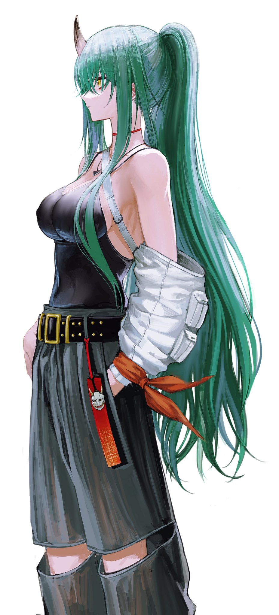 1girl arknights b.b. bare_shoulders belt black_pants black_shirt breasts choker closed_mouth detached_sleeves expressionless green_hair hand_in_pocket highres horns hoshiguma_(arknights) long_hair looking_away medium_breasts oni_horns pants ponytail profile puffy_sleeves shirt simple_background single_horn sleeveless sleeveless_shirt solo standing studded_belt very_long_hair white_background yellow_eyes