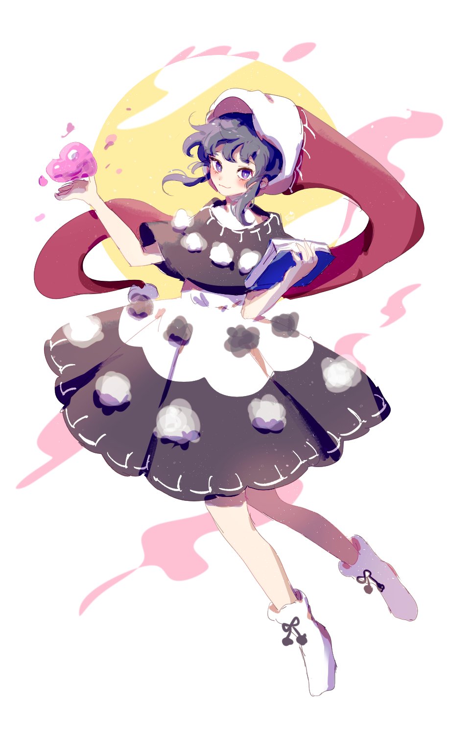 1girl bangs black_capelet blob blue_eyes blue_hair blush book boots bright_pupils capelet closed_mouth doremy_sweet dress eyebrows_visible_through_hair full_body hand_up hat highres holding holding_book looking_at_viewer nightcap papang pom_pom_(clothes) red_headwear simple_background smile solo touhou white_background white_footwear