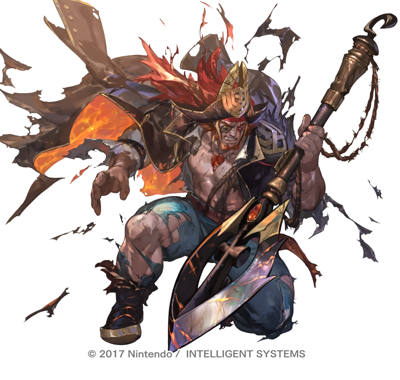 1boy beard black_coat black_footwear black_headwear black_sclera blue_pants boots coat coat_on_shoulders colored_sclera commentary_request dark-skinned_male dark_skin eyepatch facial_hair fire_emblem fire_emblem_heroes full_body gem grin hand_up happy hat headband holding holding_polearm holding_weapon jewelry long_hair long_sleeves looking_at_viewer male_focus muscular muscular_male necklace official_alternate_costume official_art one_knee open_clothes open_shirt pants pectorals pirate pirate_hat polearm red_eyes red_headband redhead ring rope ruby_(gemstone) sash scar scar_across_eye scar_on_face shirt simple_background smile so-taro solo surtr_(fire_emblem) teeth tooth_necklace torn_clothes torn_coat torn_pants torn_shirt two-sided_coat watermark weapon white_background white_shirt