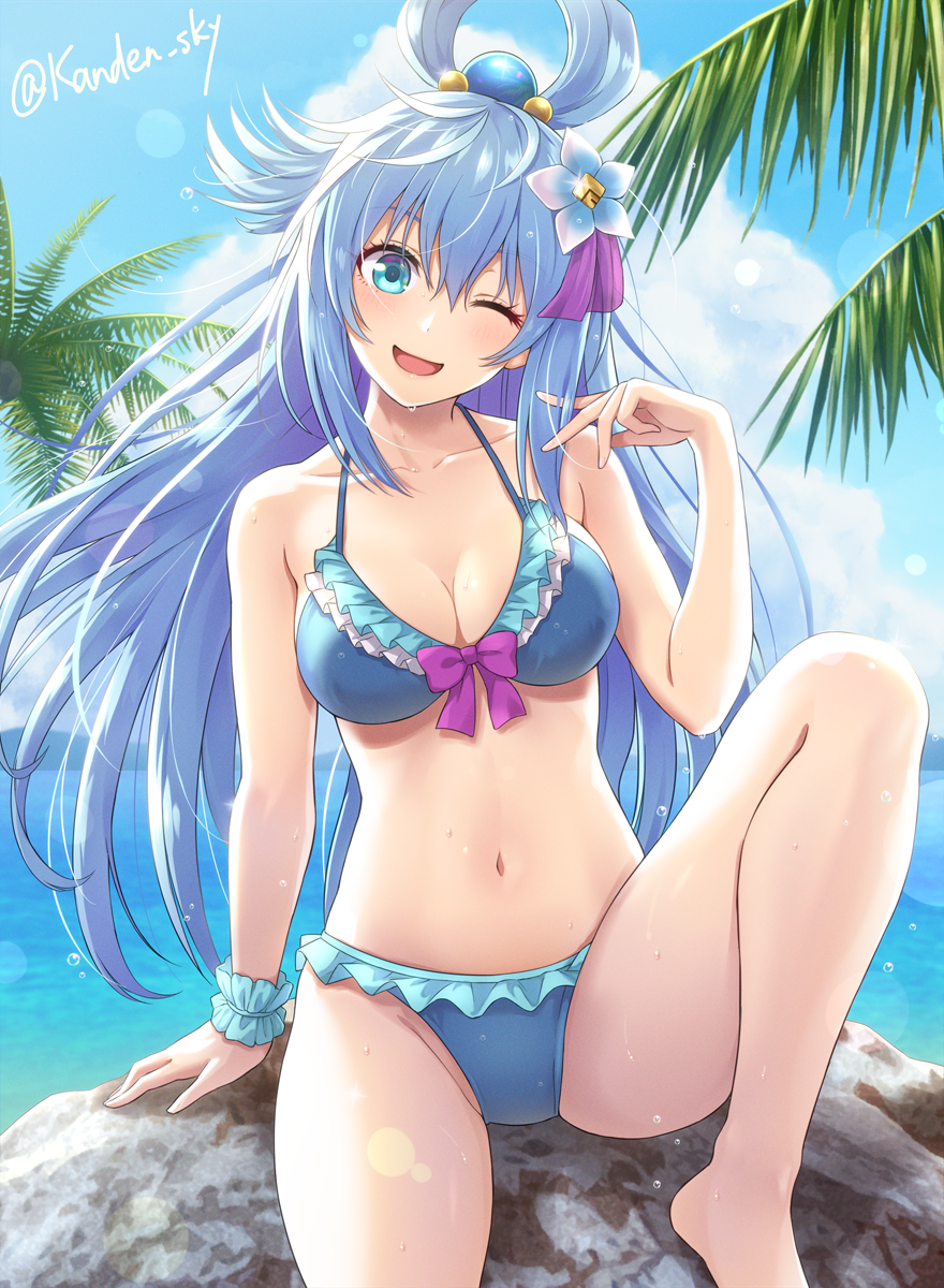 1girl ;d aqua_(konosuba) bangs beach bikini blue_bikini blue_eyes blue_hair collarbone commentary_request frilled_bikini frills hair_ornament head_tilt highres kanden_suki kono_subarashii_sekai_ni_shukufuku_wo! looking_at_viewer navel one_eye_closed open_mouth palm_tree sitting sitting_on_rock smile solo swimsuit tree