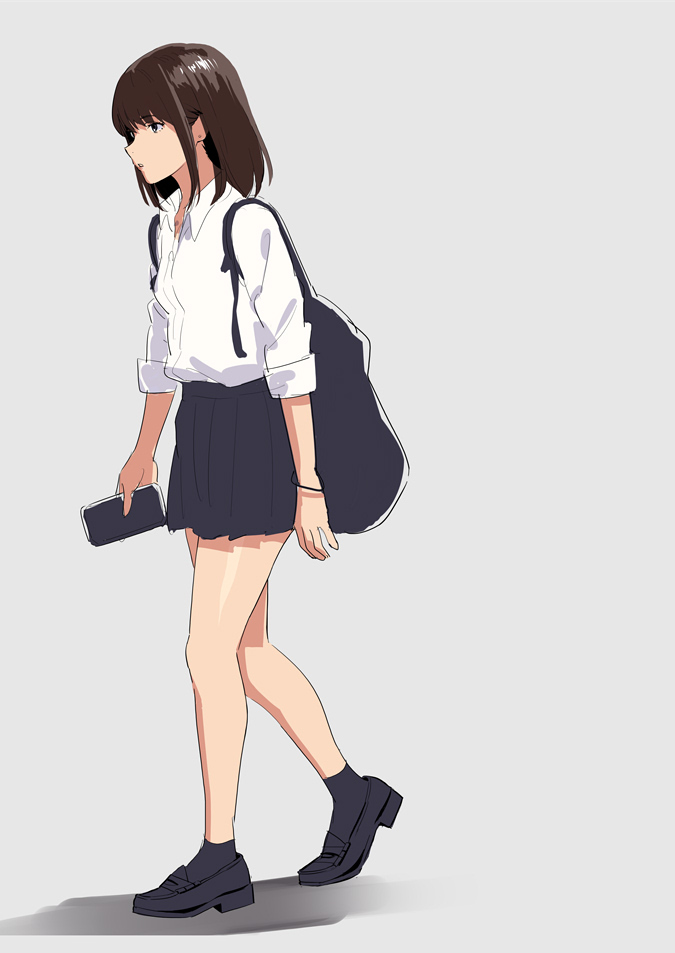 1girl backpack bag black_footwear black_legwear black_skirt bob_cut breasts brown_hair cellphone elbow_sleeve from_side full_body high-waist_skirt holding holding_phone loafers medium_hair miniskirt original parted_lips phone pleated_skirt school_uniform shirt shoes simple_background skirt small_breasts smartphone socks solo standing walking white_background white_shirt wristband yukiyoshi_mamizu