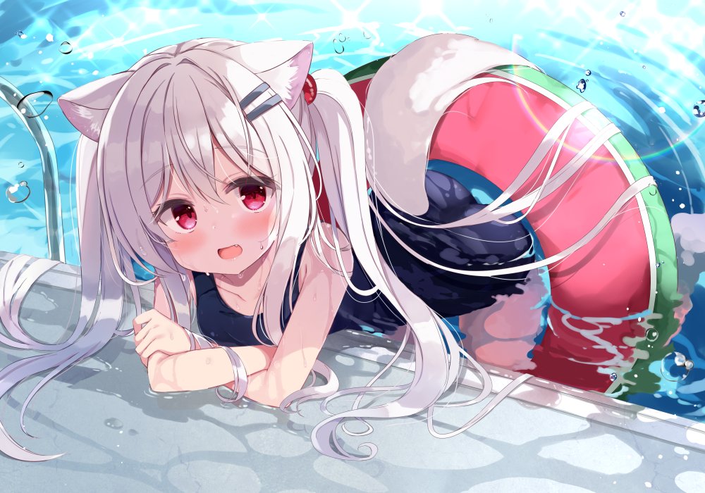 1girl :d animal_ear_fluff animal_ears ass bangs bare_arms bare_shoulders black_swimsuit blush commentary_request crossed_arms dog_ears dog_girl dog_tail eyebrows_visible_through_hair fang hair_between_eyes hair_ornament hairclip innertube koinu-chan kujou_danbo long_hair looking_at_viewer one-piece_swimsuit open_mouth original pool poolside red_eyes school_swimsuit smile solo swimsuit tail very_long_hair water water_drop wet white_hair
