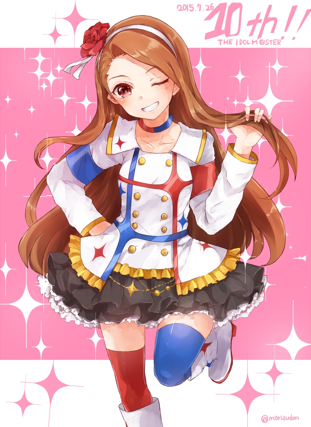 1girl 2015 asymmetrical_legwear black_skirt blue_legwear blush boots brown_eyes brown_hair choker closed_mouth collarbone copyright_name floating_hair flower grin hair_flower hair_ornament hair_ribbon hairband hand_on_hip highres holding holding_hair idolmaster idolmaster_(classic) jacket kuromitsu_maria layered_skirt long_hair long_sleeves looking_at_viewer minase_iori miniskirt one_eye_closed red_flower red_legwear ribbon shiny shiny_hair skirt smile solo standing standing_on_one_leg starpiece_memories thigh-highs very_long_hair white_footwear white_hairband white_jacket white_ribbon zettai_ryouiki