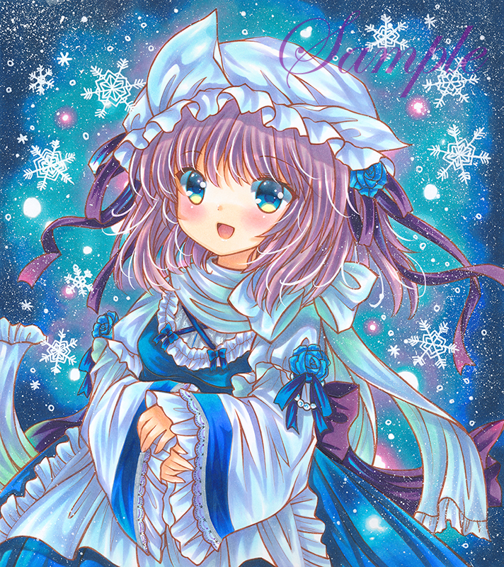 1girl :d apron back_bow blue_background blue_eyes blue_flower blue_ribbon blue_rose blue_skirt blue_vest blush bow cowboy_shot eyebrows_visible_through_hair flower frilled_apron frilled_hat frilled_sleeves frills hair_flower hair_ornament hair_ribbon hat juliet_sleeves letty_whiterock long_sleeves marker_(medium) mob_cap open_mouth puffy_sleeves purple_bow purple_hair purple_ribbon ribbon rose rui_(sugar3) sample scarf shirt skirt sleeve_ribbon smile snowflake_background solo touhou traditional_media triangular_headpiece vest waist_apron white_apron white_headwear white_scarf white_shirt wide_sleeves
