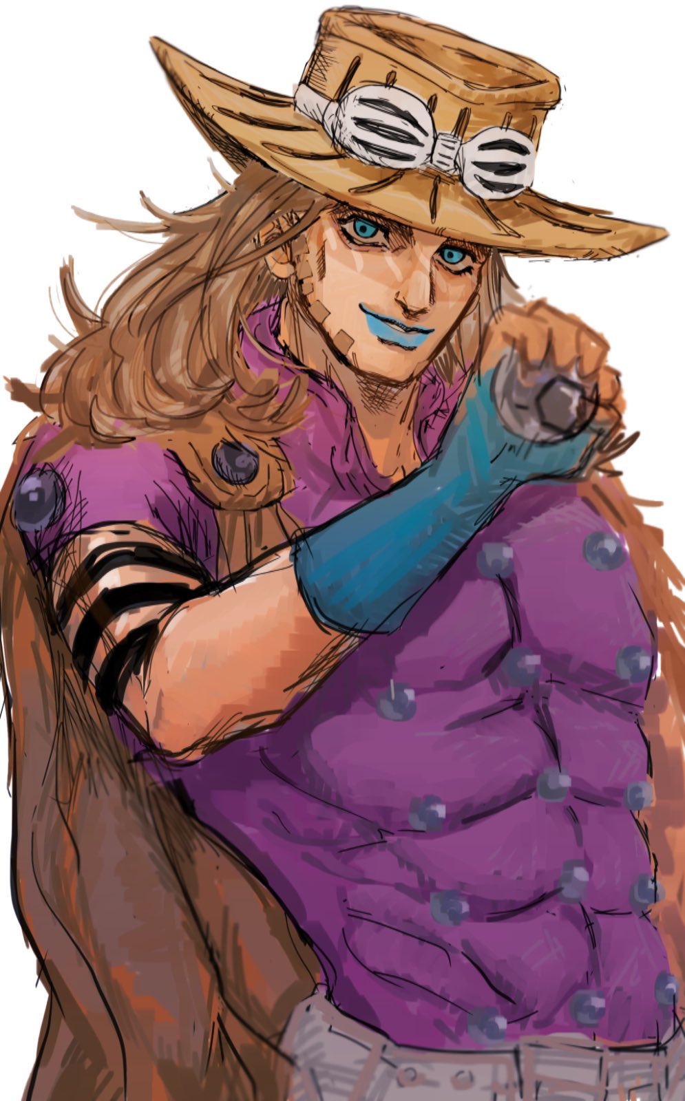 1boy b_nosk101 ball belt blue_eyes blue_gloves blue_lips blurry brown_cape brown_hair brown_headwear cape commentary_request depth_of_field eyewear_on_headwear facial_hair fingerless_gloves gloves gyro_zeppeli hand_up hat highres holding holding_ball jojo_no_kimyou_na_bouken long_hair looking_at_viewer male_focus nose purple_shirt shirt short_sleeves simple_background steel_ball steel_ball_run toned toned_male upper_body white_background