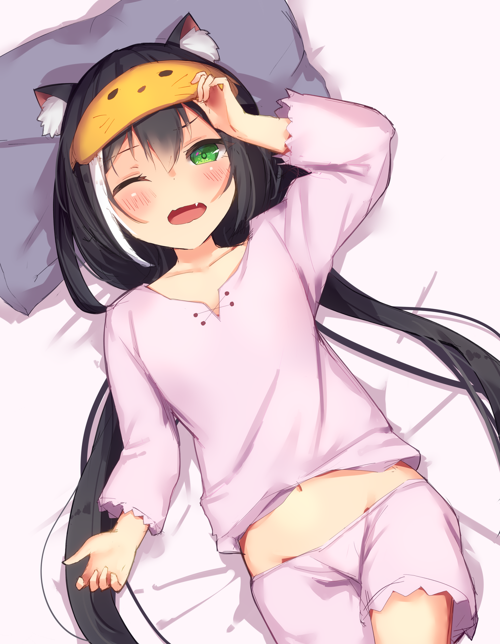 1girl ;o animal_ears bangs bed_sheet black_hair blush cat_ears commentary_request eye_mask eyebrows_visible_through_hair green_eyes hair_between_eyes highres holding karyl_(princess_connect!) long_hair long_sleeves looking_at_viewer low_twintails lying midriff multicolored_hair navel one_eye_closed pajamas princess_connect! sidelocks solo streaked_hair tamariyazuna twintails two-tone_hair waking_up