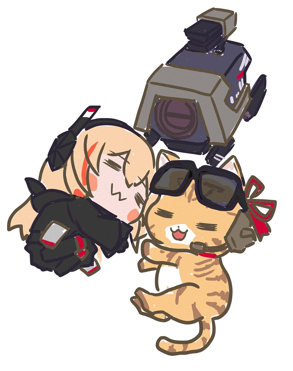 2girls :3 bangs black_jacket blonde_hair blush_stickers chibi chika_(keiin) commentary_request dinergate_(girls_frontline) eyebrows_visible_through_hair eyewear_on_head girls_frontline gun hair_between_eyes hair_ribbon headgear highres jacket kalina_(girls_frontline) long_hair long_sleeves lying m4_sopmod_ii_jr multicolored_hair multiple_girls on_side open_mouth redhead ribbon robot simple_background sleeping smile streaked_hair sunglasses weapon white_background