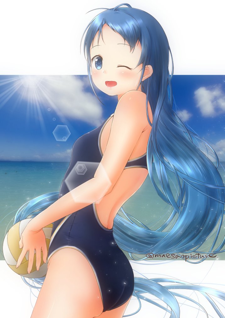 1girl artist_name bangs blue_eyes blue_hair blue_swimsuit blush clouds cloudy_sky commentary_request competition_swimsuit floating_hair kantai_collection light_rays long_hair looking_at_viewer looking_to_the_side mae_(maesanpicture) ocean one-piece_swimsuit one_eye_closed open_mouth revision samidare_(kancolle) sky solo sun sunbeam sunlight swept_bangs swimsuit very_long_hair volleyball