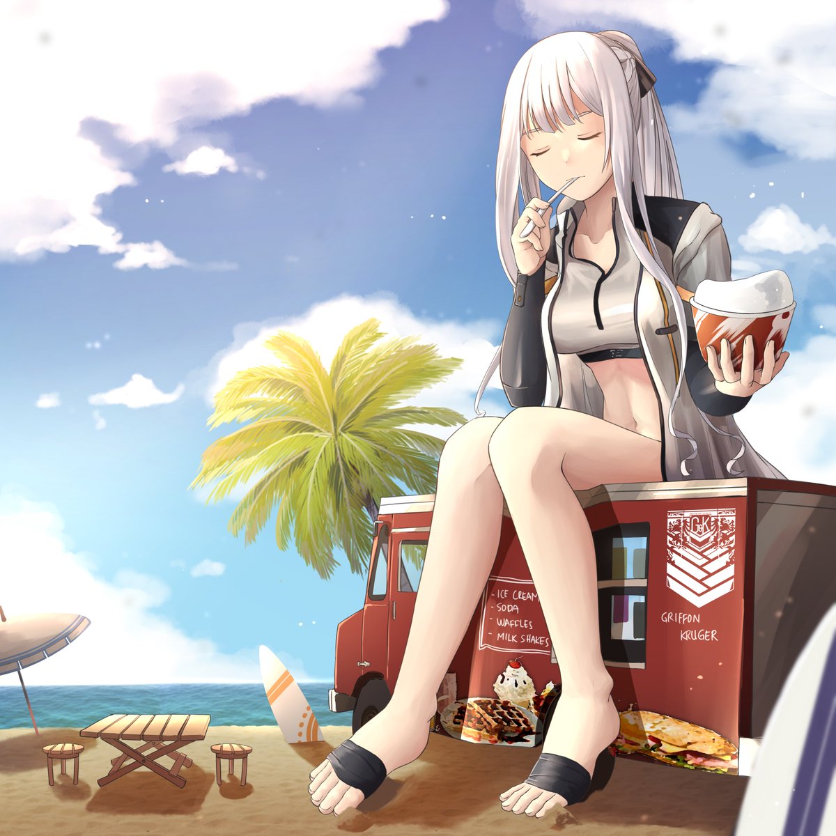 1girl ak-12_(girls_frontline) artist_request beach blue_sky breasts chair closed_eyes clouds collarbone commentary commission eating food_truck giant giantess girls_frontline ground_vehicle heel-less_footwear highres holding jacket medium_breasts motor_vehicle open_clothes open_jacket palm_tree ponytail second-party_source shaved_ice shore silver_hair sitting sky solo surfboard swimsuit table toeless_footwear toes tree truck umbrella