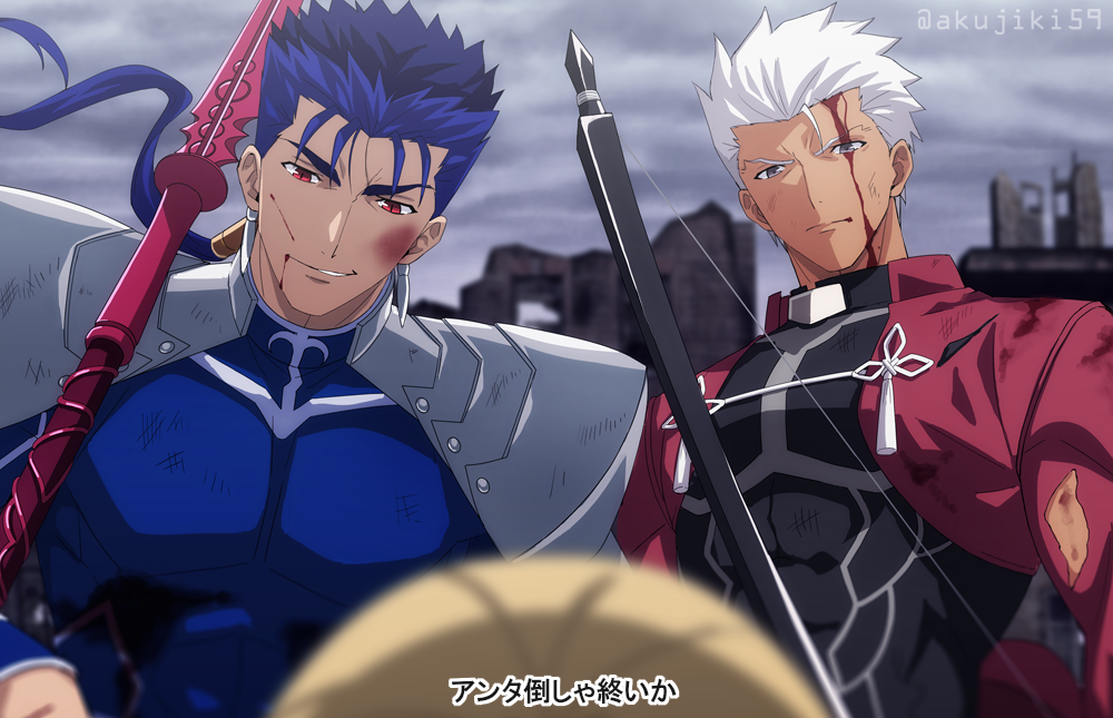 2boys akujiki59 archer_(fate) battle blood blood_from_mouth blue_bodysuit blue_hair bodysuit bow_(weapon) bruise cu_chulainn_(fate) cu_chulainn_(fate/stay_night) dark-skinned_male dark_skin fate/stay_night fate_(series) gae_bolg_(fate) holding holding_bow_(weapon) holding_spoon holding_weapon injury male_focus multiple_boys official_style over_shoulder pectorals ponytail red_eyes short_hair shrug_(clothing) smirk spiky_hair spoon toned toned_male translation_request upper_body weapon weapon_over_shoulder white_hair