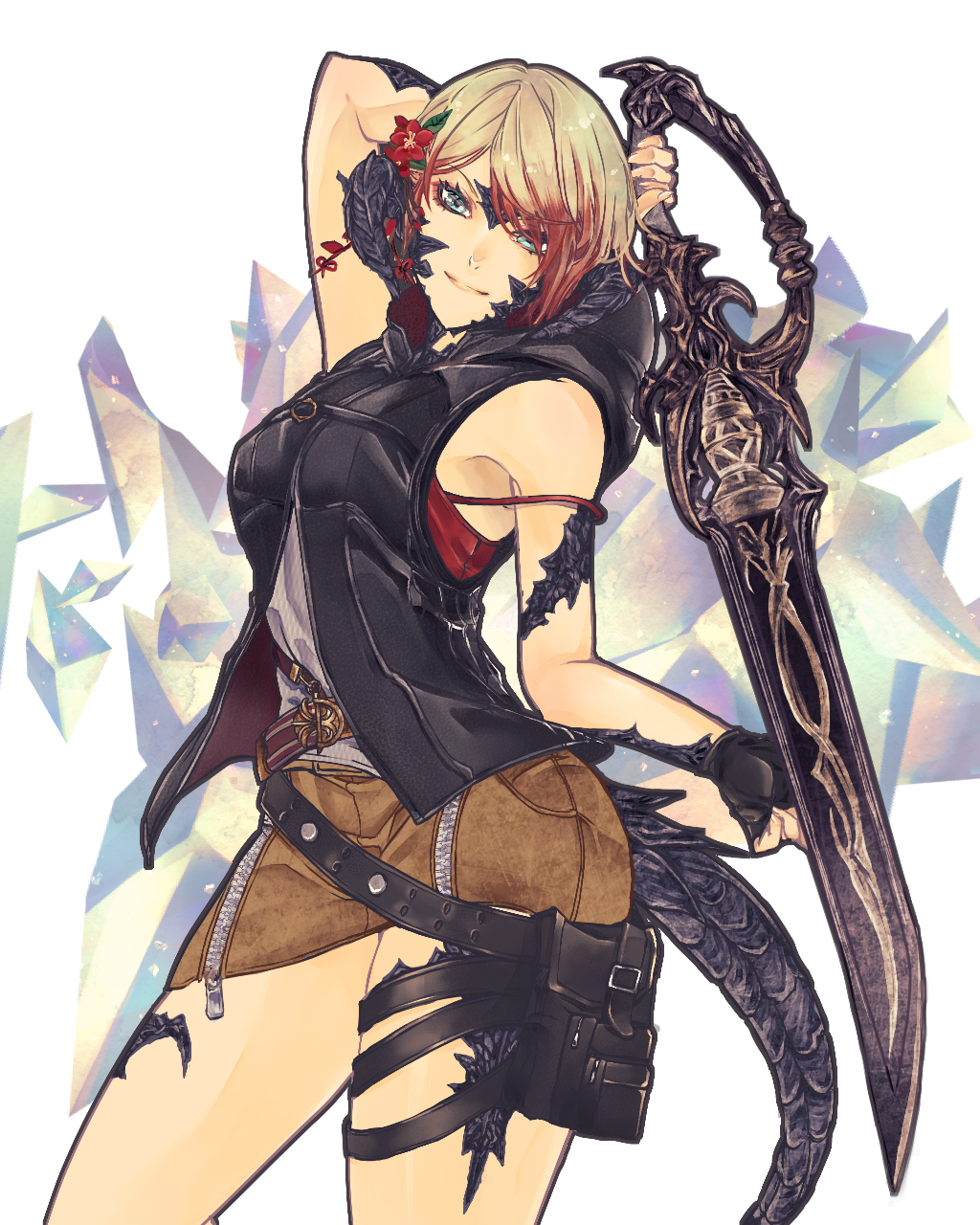 1girl arm_behind_head arm_up au_ra bare_arms bare_shoulders belt black_horns blonde_hair blue_eyes closed_mouth commentary_request dragon_girl dragon_horns dragon_tail fictional_persona final_fantasy final_fantasy_xiv fingerless_gloves flower gloves gunblade gunbreaker_(final_fantasy) hair_flower hair_ornament hair_over_one_eye highres holding holding_weapon hood hood_down hooded_jacket horns jacket lips medium_hair microskirt multicolored_hair pencil_skirt pose pouch redhead rolling_anco scales shirt skirt sleeveless sleeveless_jacket smile solo strap_slip tail thigh_pouch thigh_strap two-tone_hair weapon zipper zipper_pull_tab zipper_skirt
