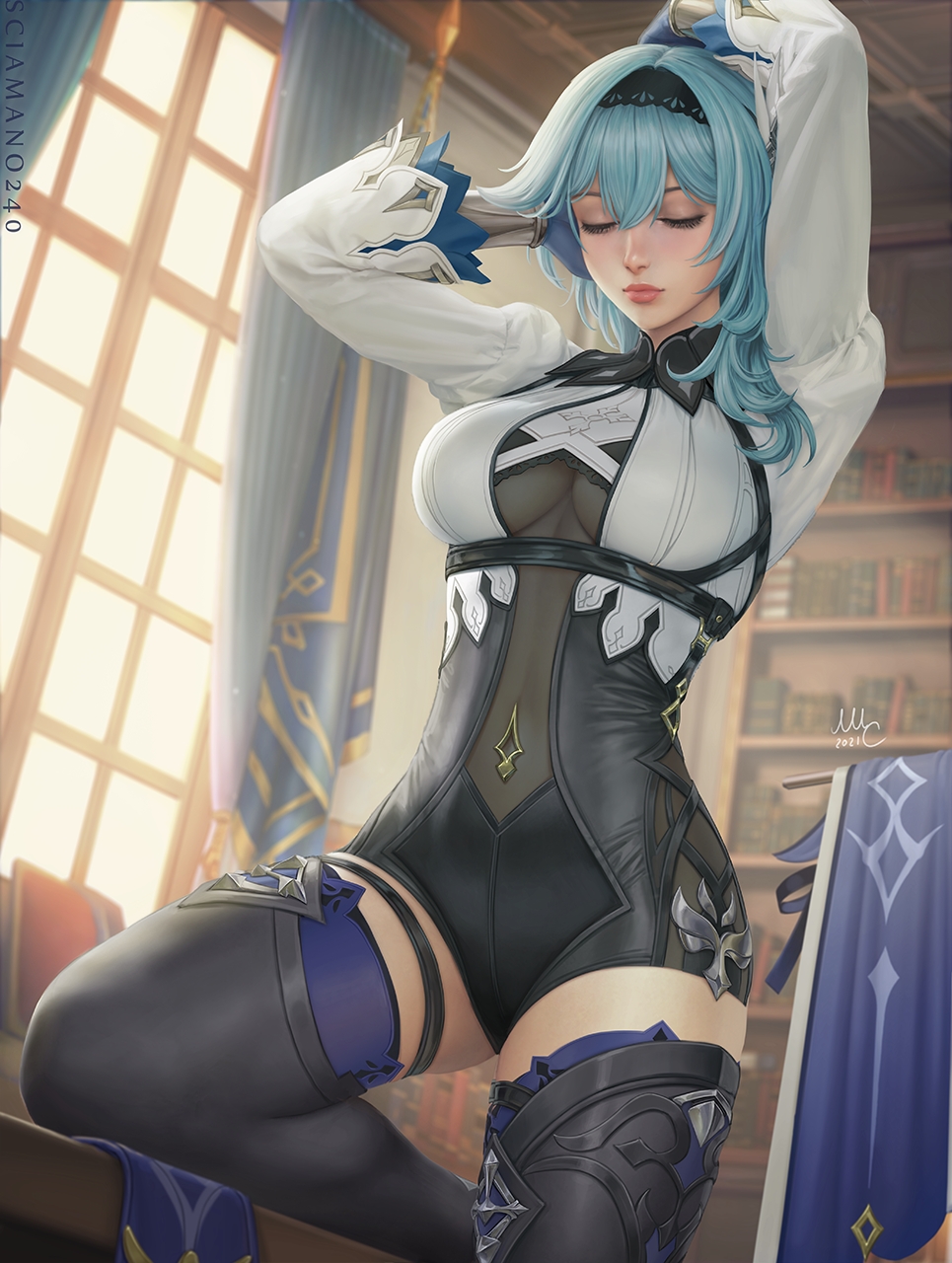 1girl arms_up blue_gloves blue_hair bodysuit book bookshelf breasts closed_eyes curtains eula_(genshin_impact) genshin_impact gloves hairband highres indoors light_blue_hair lips long_sleeves medium_breasts multiple_straps sciamano240 solo thigh-highs thigh_strap under_boob window