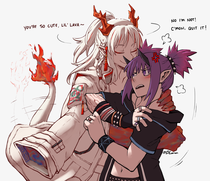 2girls angry arknights closed_eyes commentary demon_girl demon_horns dl embarrassed english_commentary english_text fiery_tail horns hug infection_monitor_(arknights) lava_(arknights) multiple_girls nian_(arknights) pointy_ears purple_hair short_ponytail spiky_hair tail tail_wagging white_hair yuri